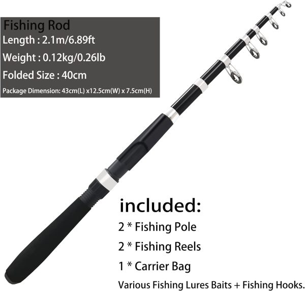 Fishing Pole Combo Set,2.1m/6.89ft 2PCS Collapsible Rods 2PCS Spinning Reels Lures Set Carrier Bag Carbon Fiber Telescopic Fishing Rods Sea Saltwater Freshwater Kit Fishing Rod Reel Combos - Image 3