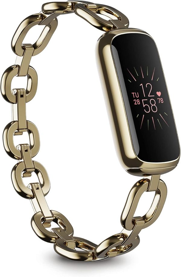 Fitbit Luxe Special Edition Fitness and Wellness Tracker, Gorjana Soft Gold Stainless Steel Parker Link Bracelet, One Size (S & L Peony Classic Bands Included)