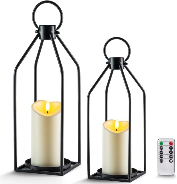 Homemory Modern Christmas Farmhouse Lantern Decor with Waterproof Flameless Candle & Remote Timer, 2PCS Black Metal Candle Lantern Decorative for Outdoor Indoor Home Living Room Patio Porch Table